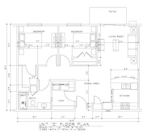 Floor plan for 2 beds, 1 bath, 921 sqft